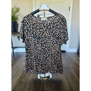 Let Them Eat Cake Leopard Print Short Sleeve Blouse Brown Tan Black Small